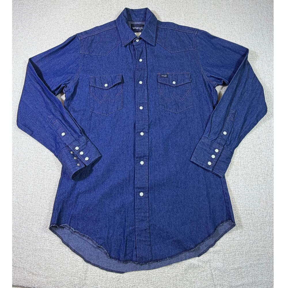 Wrangler Men Medium Blue Pearl Snap Long Sleeve Denim Western Shirt Cowboy Ranch